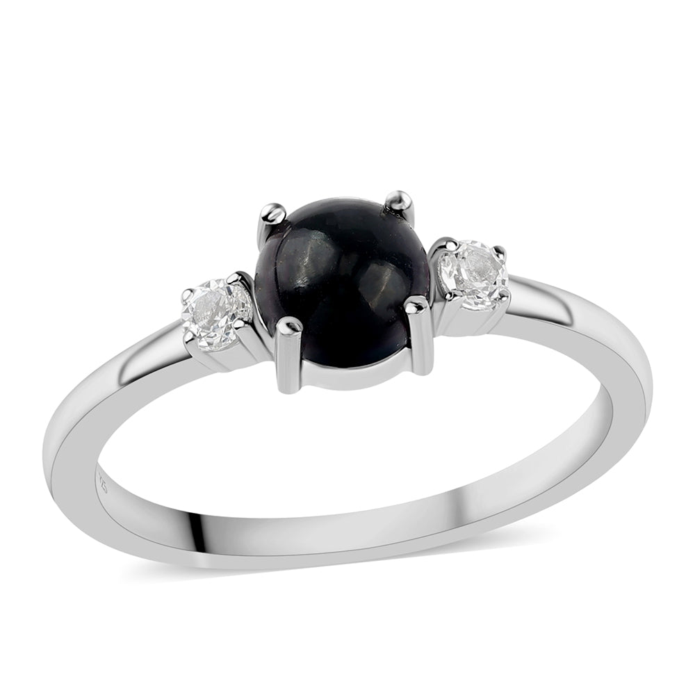 Anel de Prata com Opala Preta de Lega Dembi da Etiópia e Topázio Branco 1 