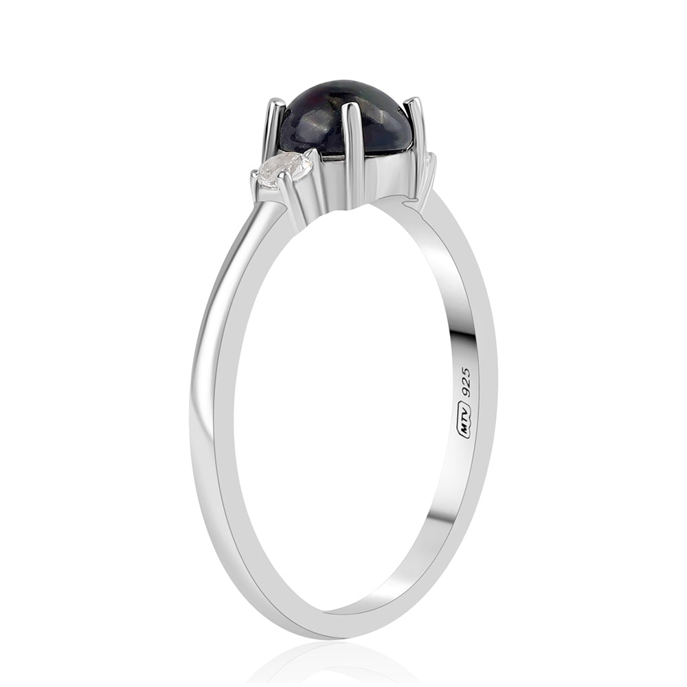 Anel de Prata com Opala Preta de Lega Dembi da Etiópia e Topázio Branco