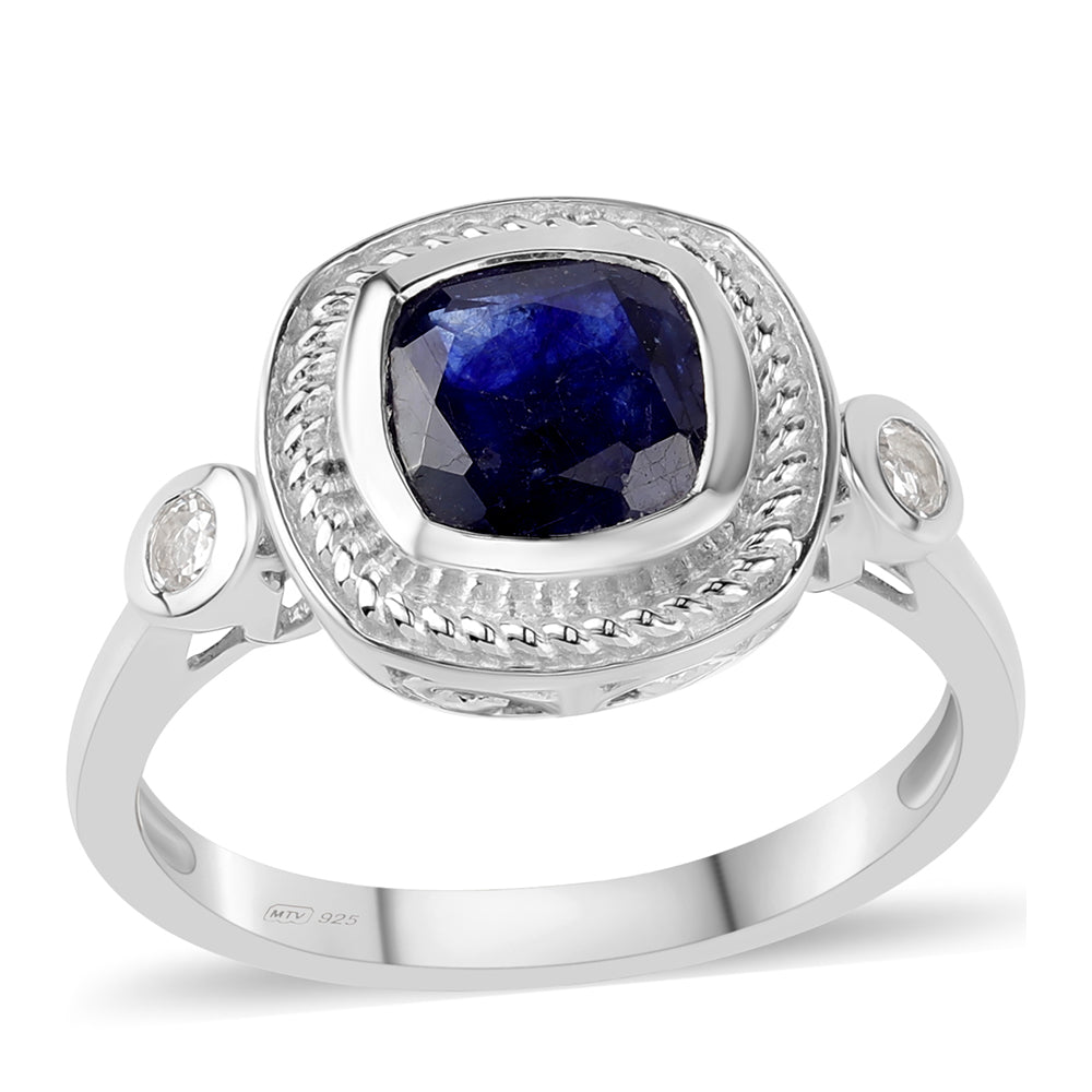 Anel de Prata com Safira Azul Australiana e Topázio Branco  Contraste: Cabeca de Veado (800) 1 