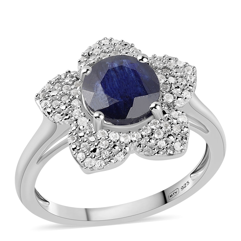 Anel de Prata com Safira Azul Australiana e Topázio Branco  Contraste: Cabeca de Veado (800)