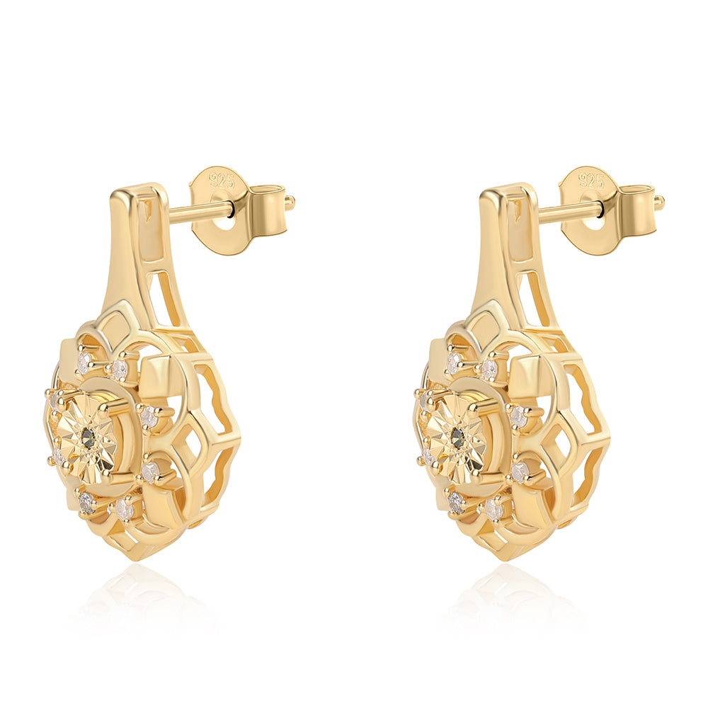 Brincos de Prata com Banho de Ouro com Diamante Verde e Diamante Branco