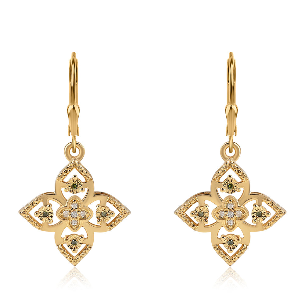 Brincos de Prata com Banho de Ouro com Diamante Verde e Diamante Branco