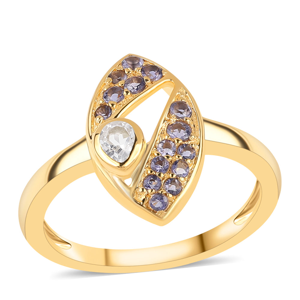 Anel de Prata com Banho de Ouro com Iolite e Topázio Branco  Contraste: Cabeca de Veado (800) 1 