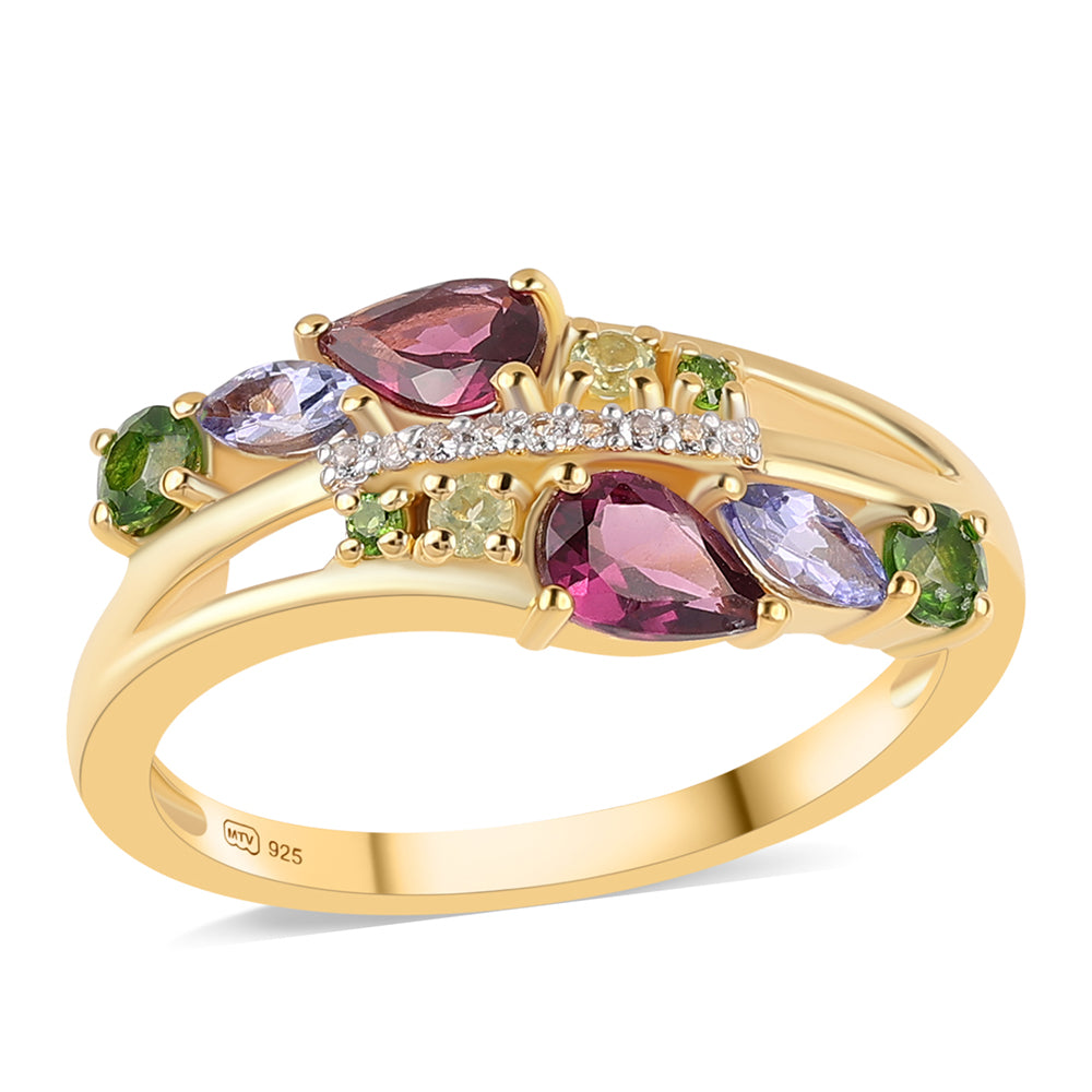 Anel de Prata com Banho de Ouro com Granada de Rhodolite e Tanzanite  Contraste: Cabeca de Veado (800) 1 