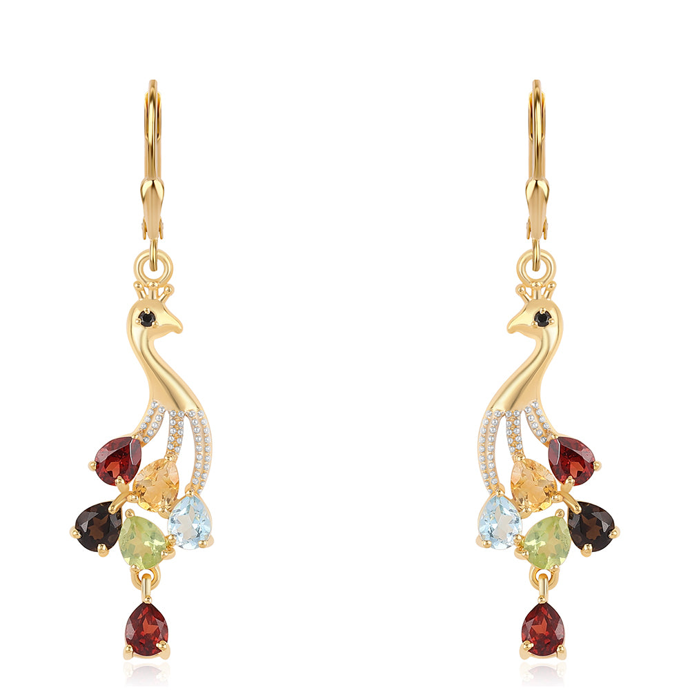 Brincos de Prata com Banho de Ouro com Granada Vermelha e Peridoto