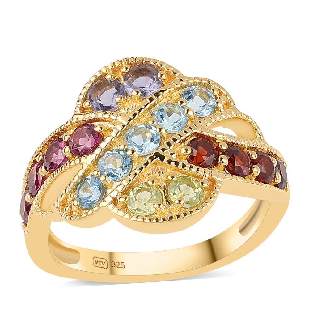 Anel de Prata com Banho de Ouro com Granada Vermelha e Peridoto  Contraste: Cabeca de Veado (800) 1 