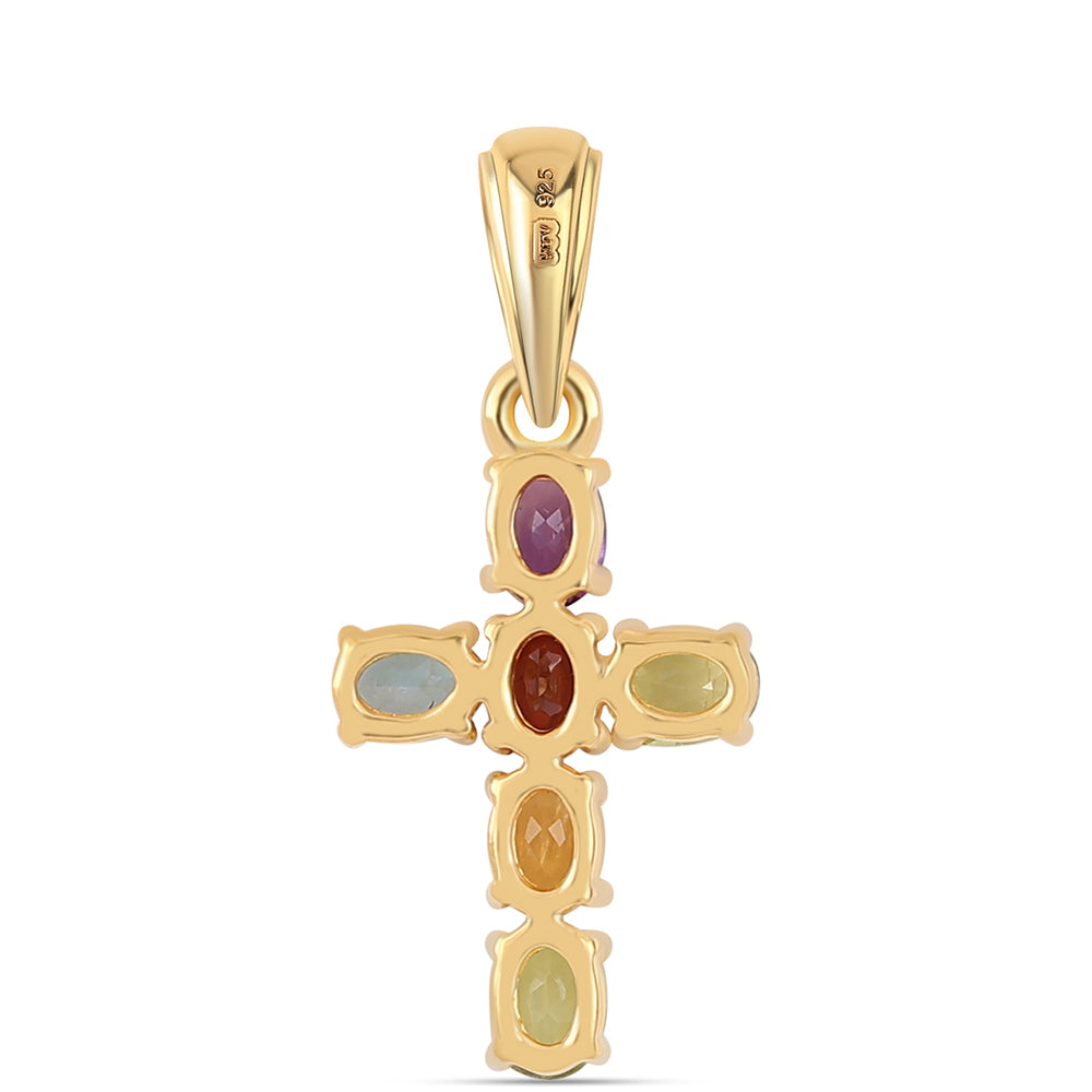 Cruz Pendente de Prata com Banho de Ouro com Ametista Africano e Peridoto 2 