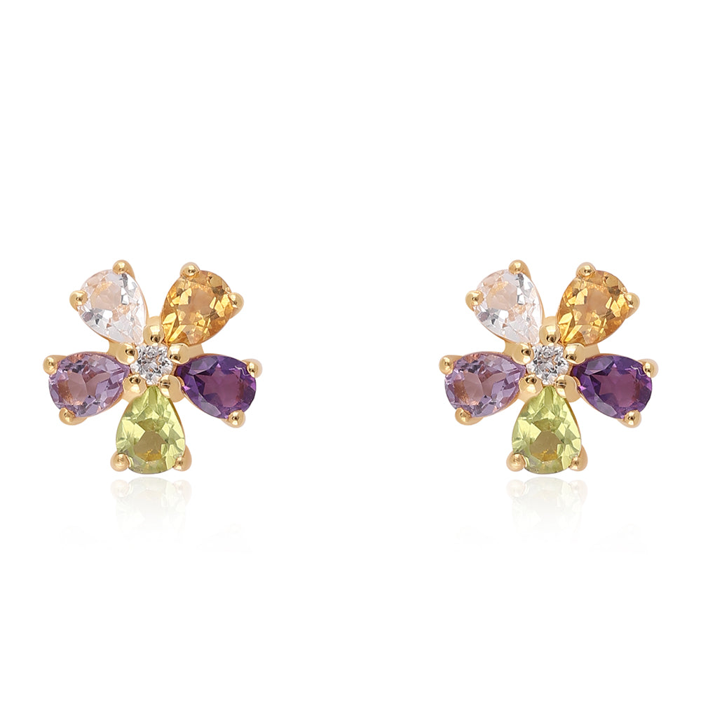 Brincos de Prata com Banho de Ouro com Ametista Rosa de França e Peridoto 1 