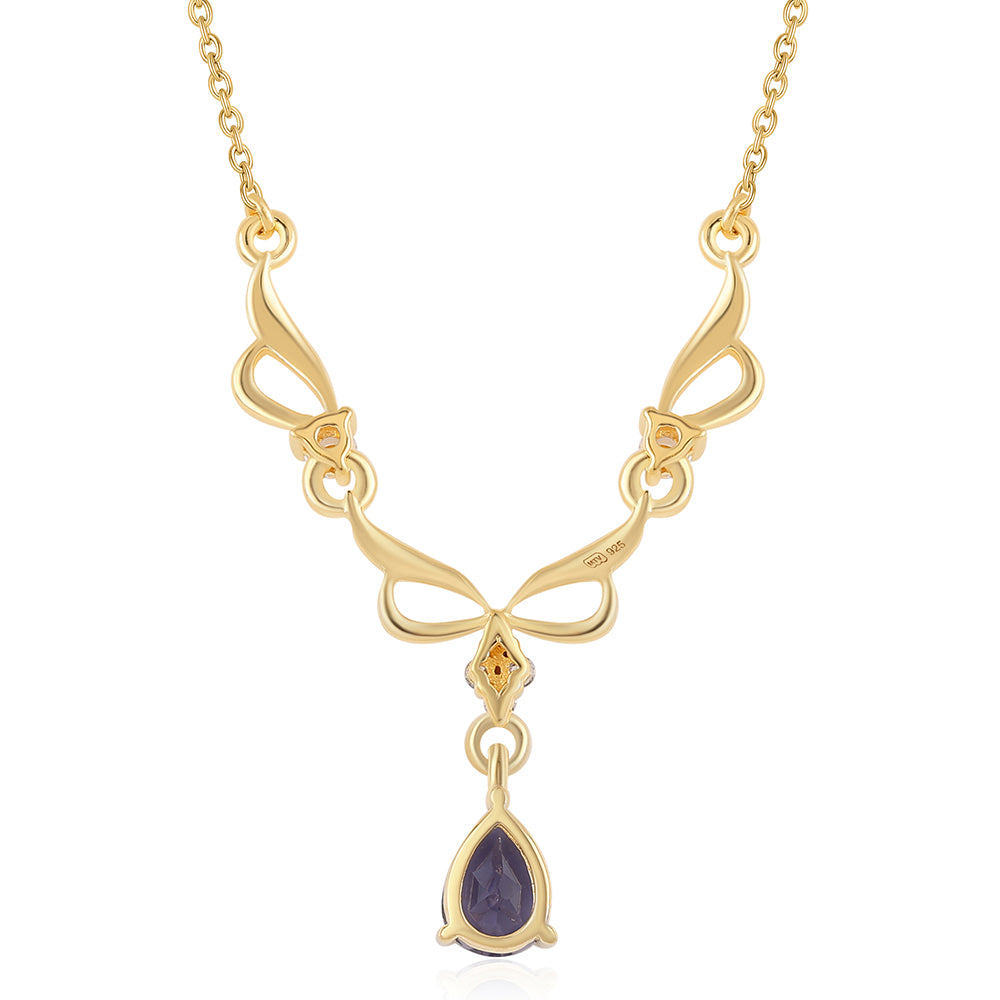 Colar de Prata com Banho de Ouro com Iolite e Topázio Branco  Contraste: Cabeca de Veado (800)