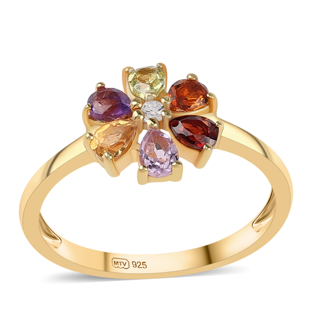 Anel de Prata com Banho de Ouro com Ametista Rosa de França e Granada Vermelha