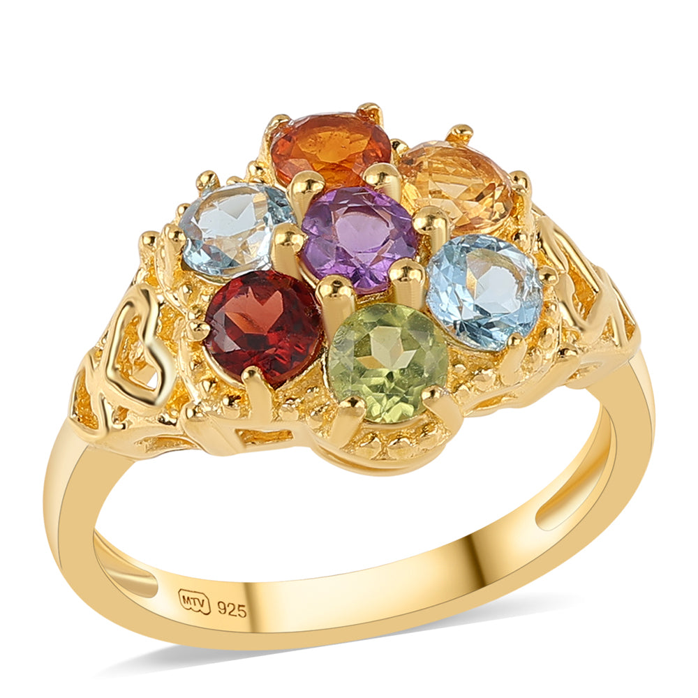 Anel de Prata com Banho de Ouro com Granada Vermelha e Citrino  Contraste: Cabeca de Veado (800) 1 