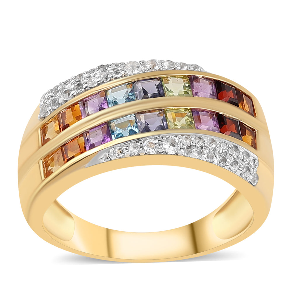 Anel de Prata com Banho de Ouro com Ametista Africano e Granada Vermelha  Contraste: Cabeca de Veado (800)