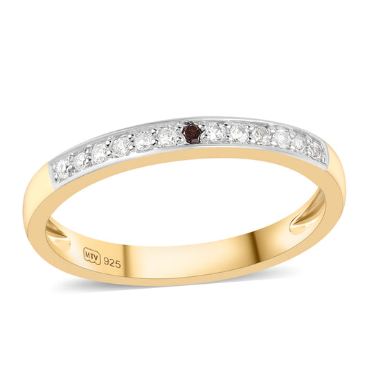 Anel de Prata com Banho de Ouro com Diamante Vermelho e Topázio Branco