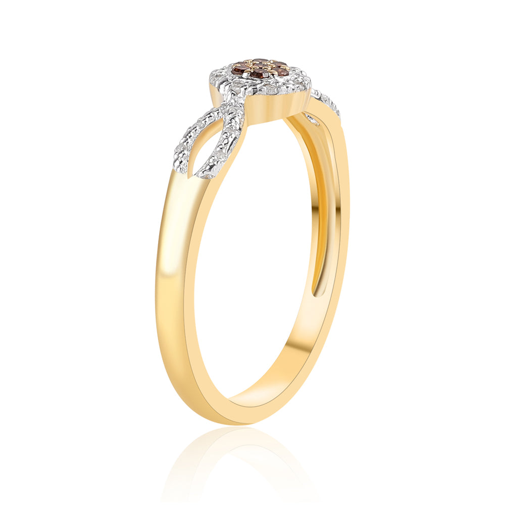 Anel de Prata com Banho de Ouro com Diamante Vermelho e Diamante Branco