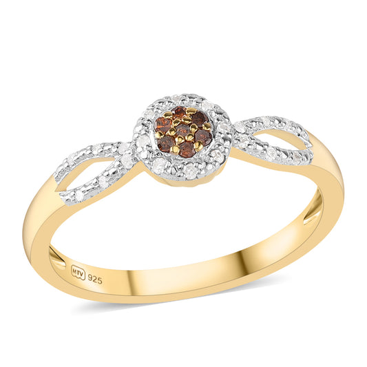 Anel de Prata com Banho de Ouro com Diamante Vermelho e Diamante Branco