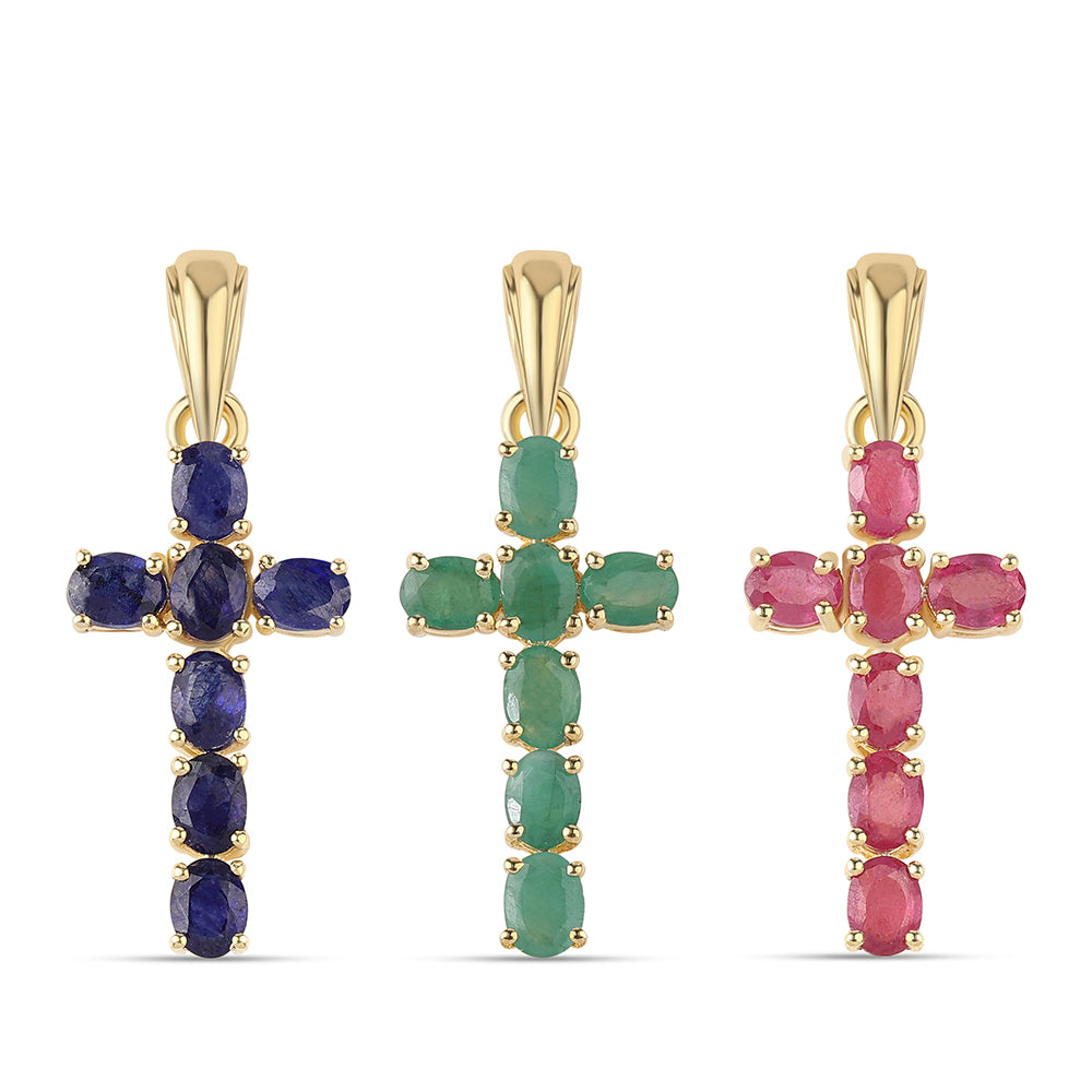 Cruz Conjunto de Prata com Banho de Ouro com Rubi da Tailândia e Esmeralda do Brasil ( Pendente )  Contraste: Cabeca de Veado (800)