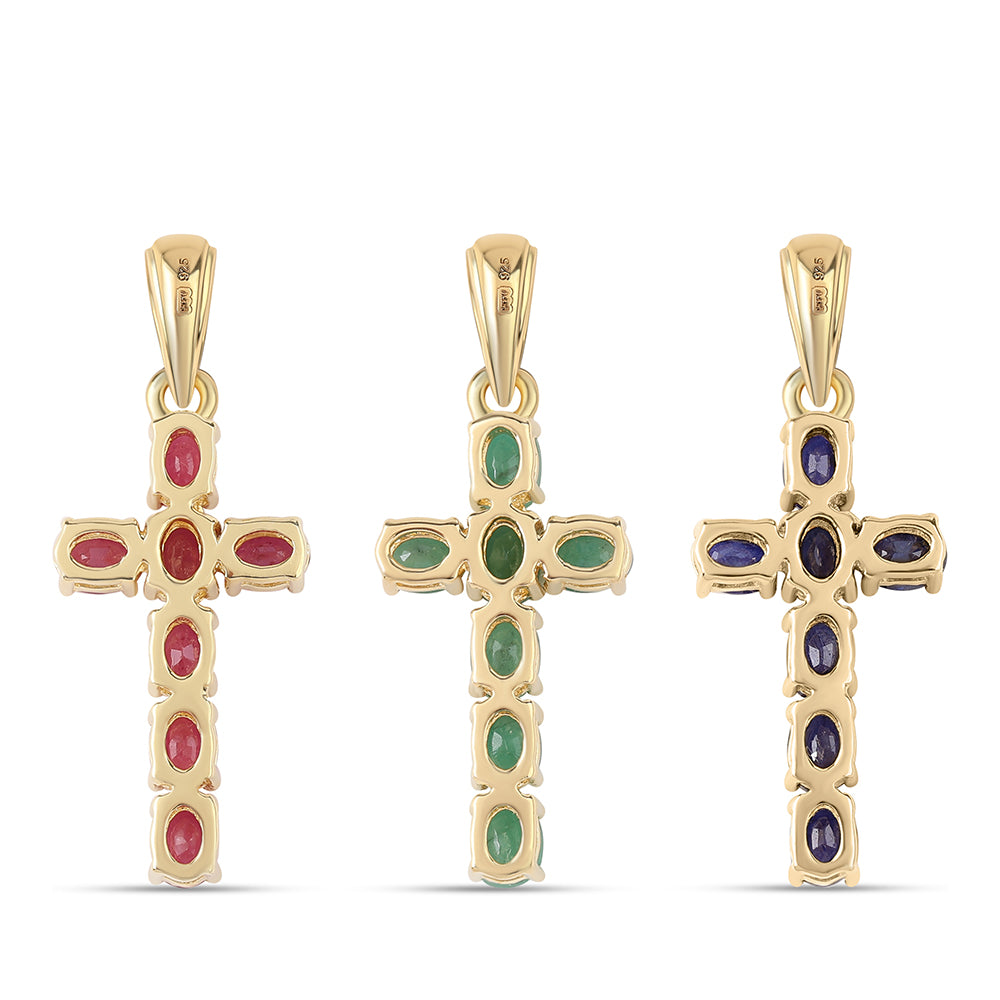 Cruz Conjunto de Prata com Banho de Ouro com Rubi da Tailândia e Esmeralda do Brasil ( Pendente )  Contraste: Cabeca de Veado (800)