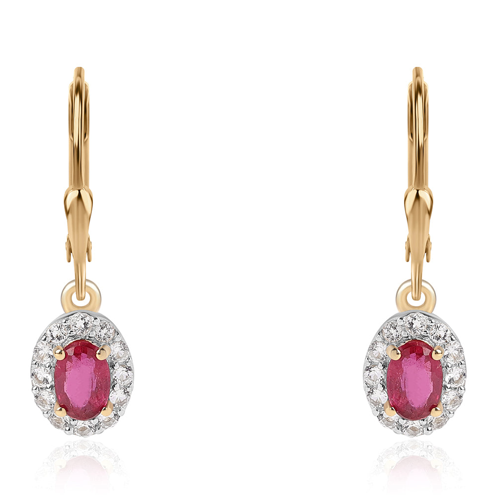 Brincos de Prata com Banho de Ouro com Rubi de Moçambique e Topázio Branco