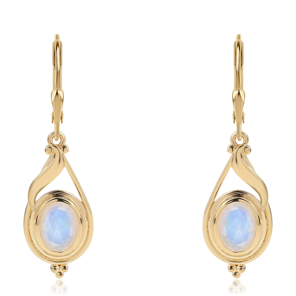 Brincos de Prata com Banho de Ouro com Pedra da Lua Arco-íris AA