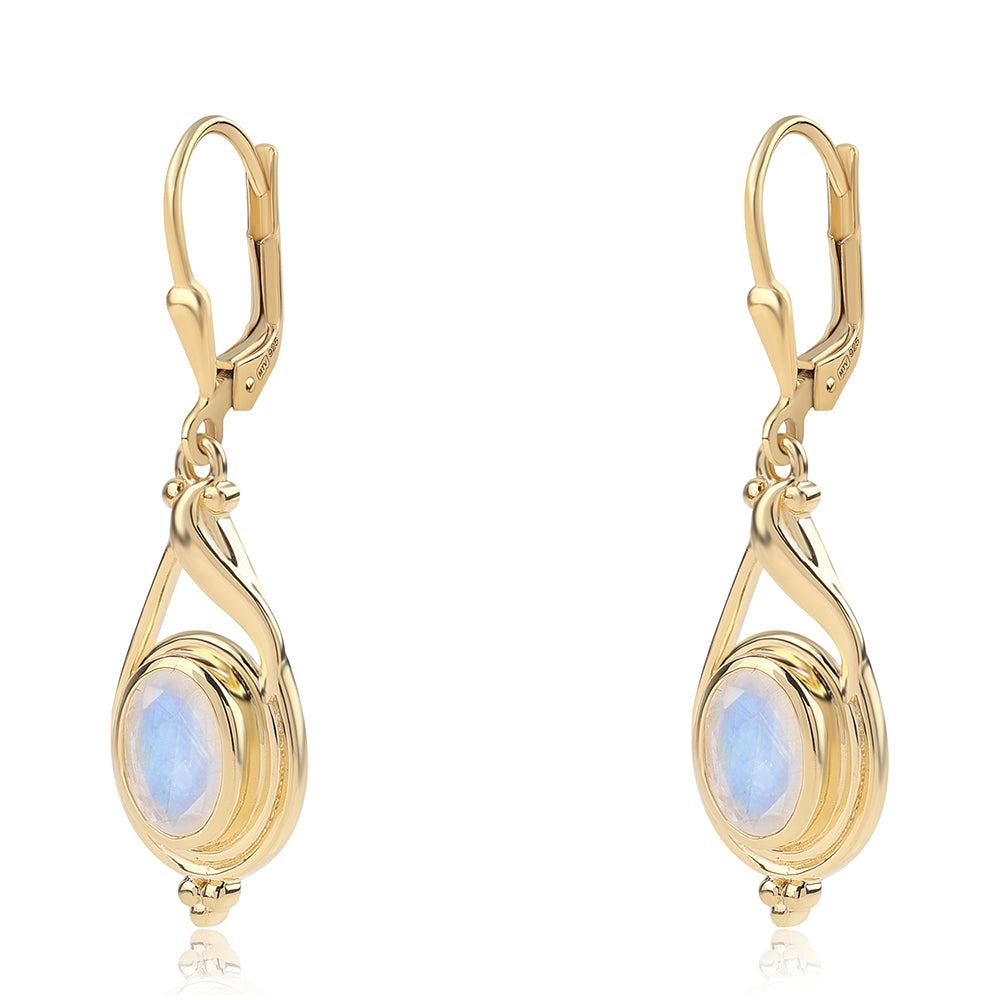 Brincos de Prata com Banho de Ouro com Pedra da Lua Arco-íris AA