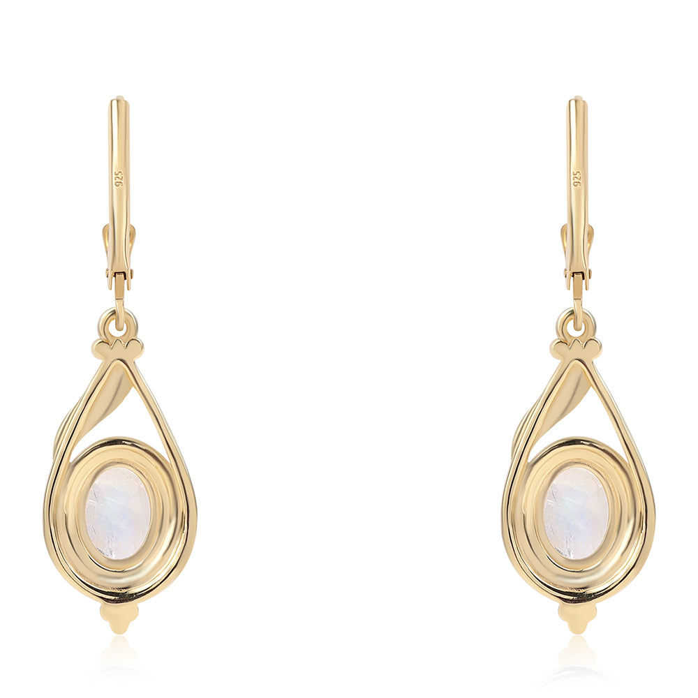 Brincos de Prata com Banho de Ouro com Pedra da Lua Arco-íris AA 3 