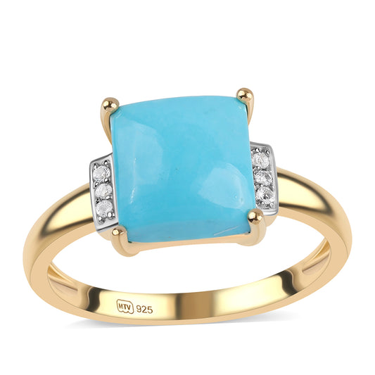 Anel de Prata com Banho de Ouro com Turquesa Bela Adormecida e Topázio Branco