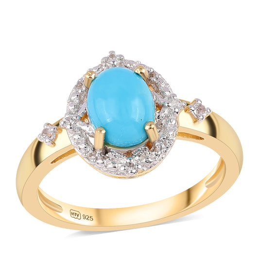 Anel de Prata com Banho de Ouro com Turquesa Bela Adormecida e Topázio Branco