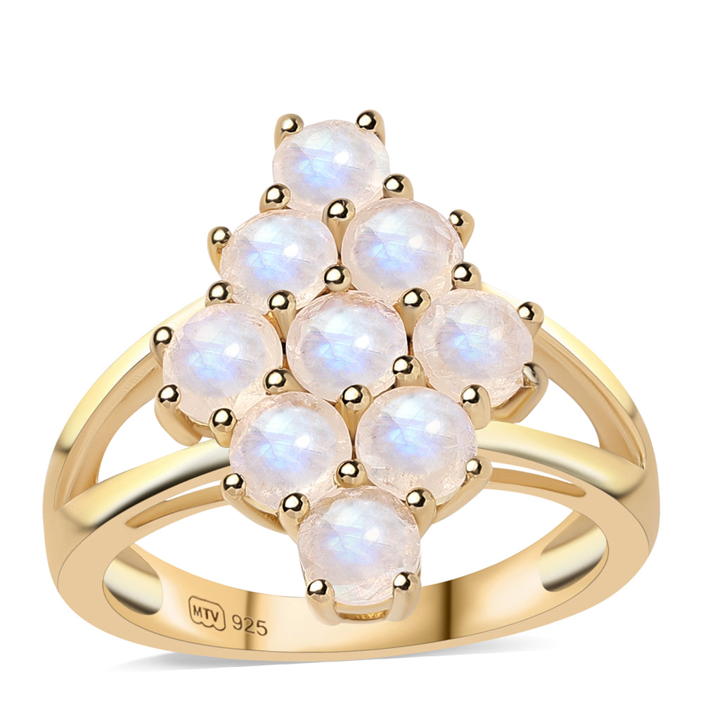 Anel de Prata com Banho de Ouro com Pedra da Lua Arco-íris AA  Contraste: Cabeca de Veado (800)