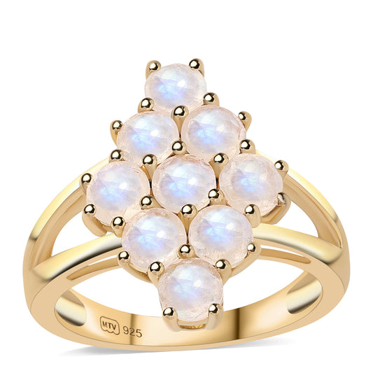 Anel de Prata com Banho de Ouro com Pedra da Lua Arco-íris AA  Contraste: Cabeca de Veado (800)