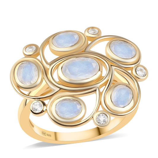 Anel de Prata com Banho de Ouro com Pedra da Lua Arco-íris AA e Topázio Branco  Contraste: Cabeca de Veado (800)