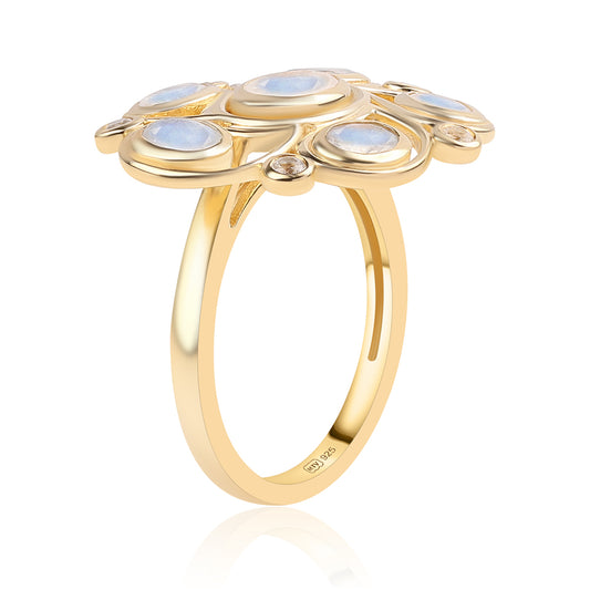 Anel de Prata com Banho de Ouro com Pedra da Lua Arco-íris AA e Topázio Branco  Contraste: Cabeca de Veado (800)