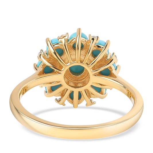 Anel de Prata com Banho de Ouro com Turquesa Bela Adormecida e Topázio Branco  Contraste: Cabeca de Veado (800)