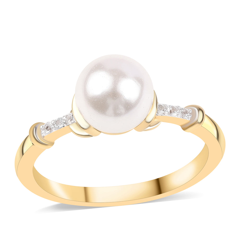 Anel de Prata com Banho de Ouro com Pérola de Água Doce Branca e Topázio Branco 1 