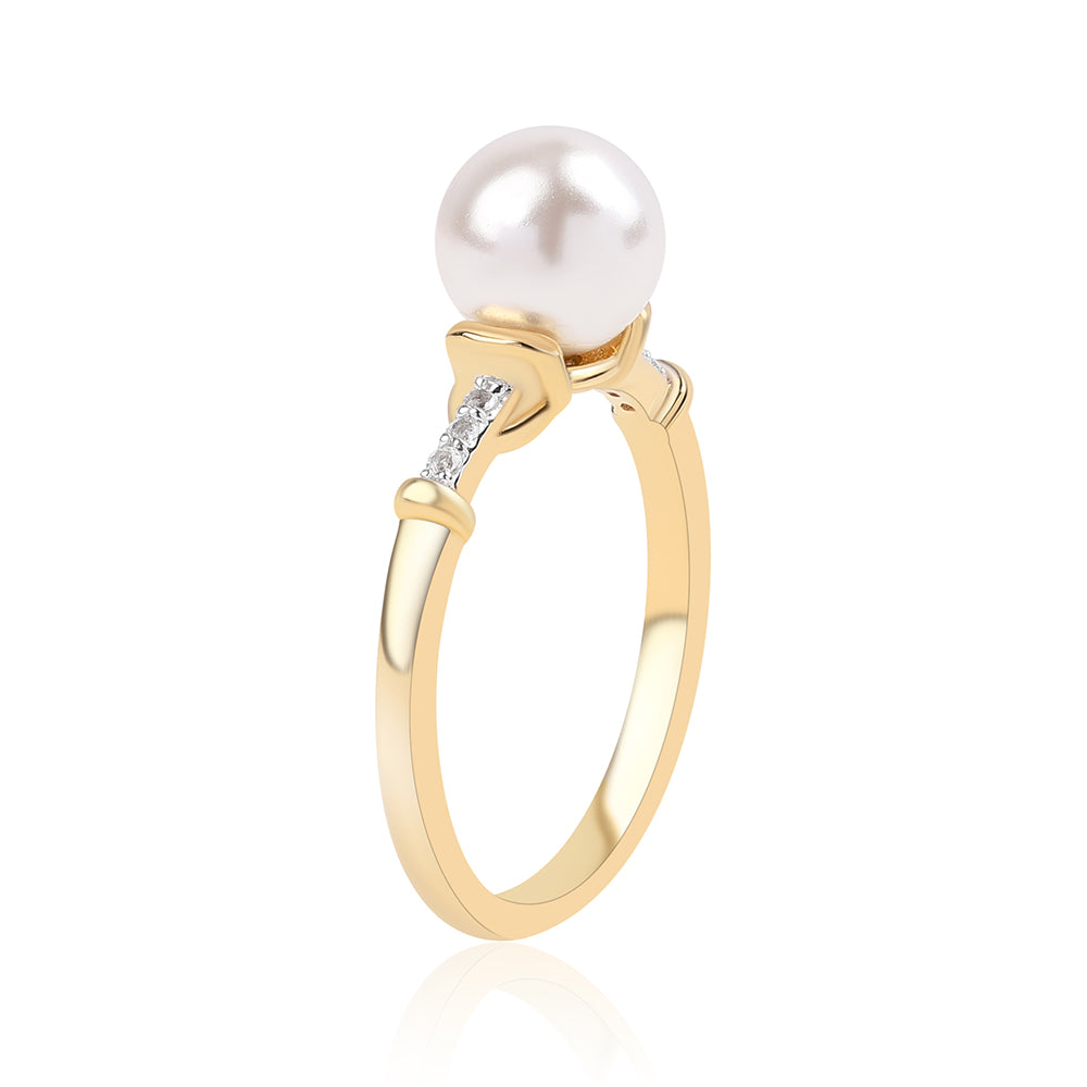 Anel de Prata com Banho de Ouro com Pérola de Água Doce Branca e Topázio Branco 3 