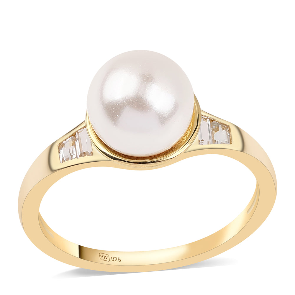 Anel de Prata com Banho de Ouro com Pérola de Água Doce Branca e Topázio Branco 1 