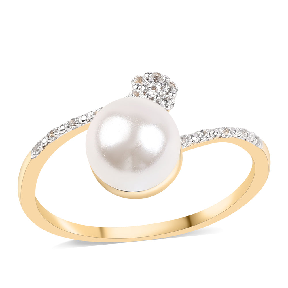 Anel de Prata com Banho de Ouro com Pérola de Água Doce Branca e Topázio Branco