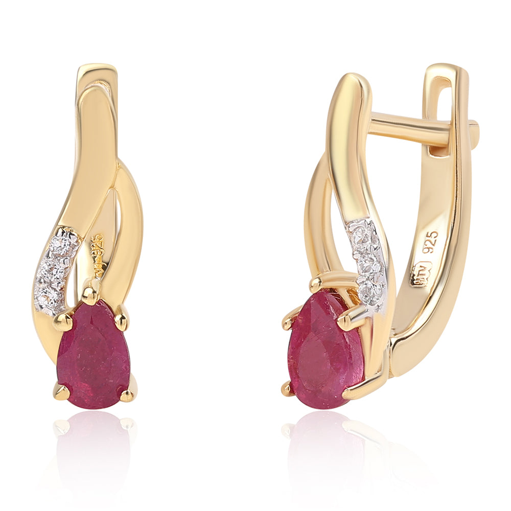 Brincos de Prata com Banho de Ouro com Rubi de Moçambique e Topázio Branco