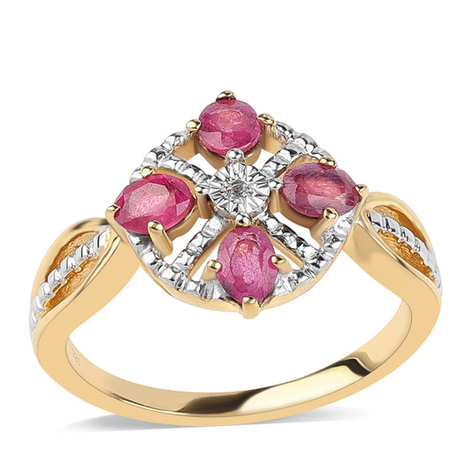 Anel de Prata com Banho de Ouro com Rubi de Moçambique e Topázio Branco