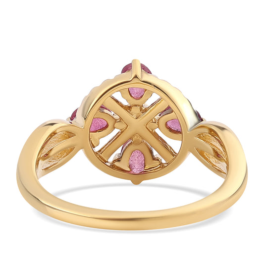 Anel de Prata com Banho de Ouro com Rubi de Moçambique e Topázio Branco