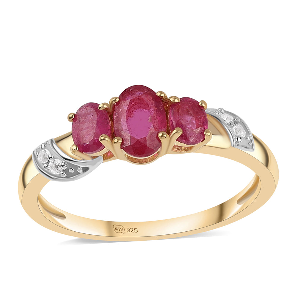 Anel de Prata com Banho de Ouro com Rubi de Moçambique e Topázio Branco 1 