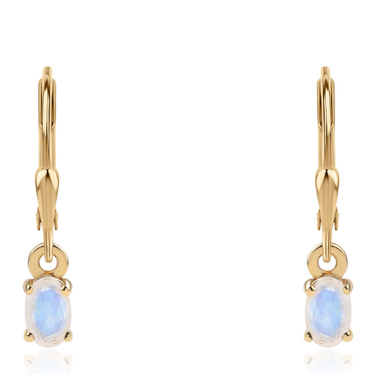 Brincos de Prata com Banho de Ouro com Pedra da Lua Arco-íris AA