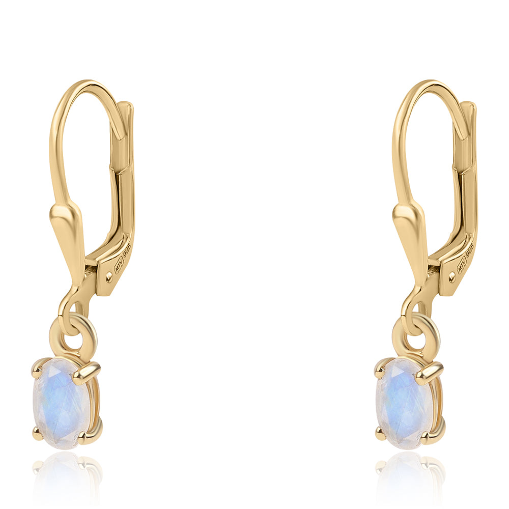 Brincos de Prata com Banho de Ouro com Pedra da Lua Arco-íris AA 1 