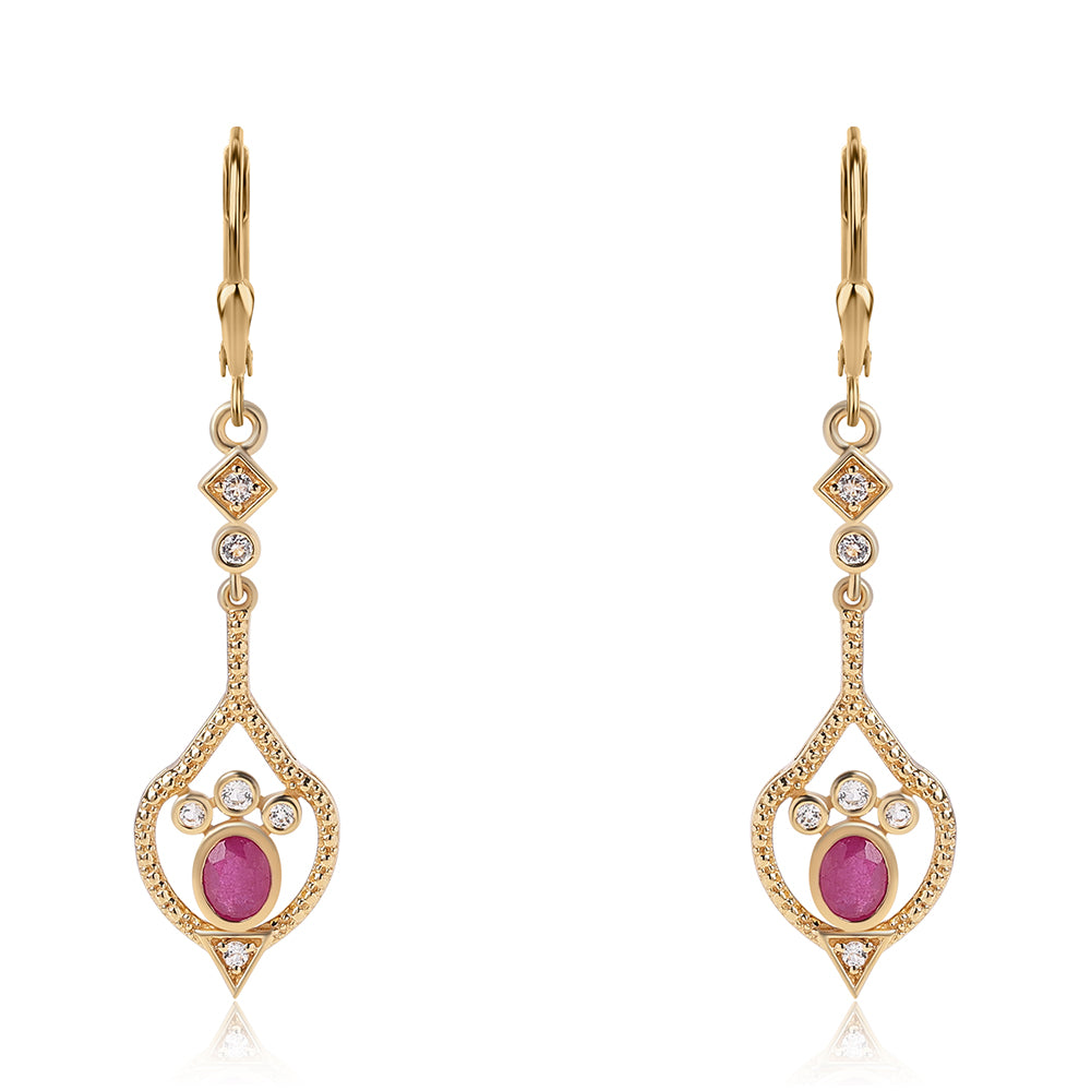 Brincos de Prata com Banho de Ouro com Rubi de Moçambique e Topázio Branco 2 