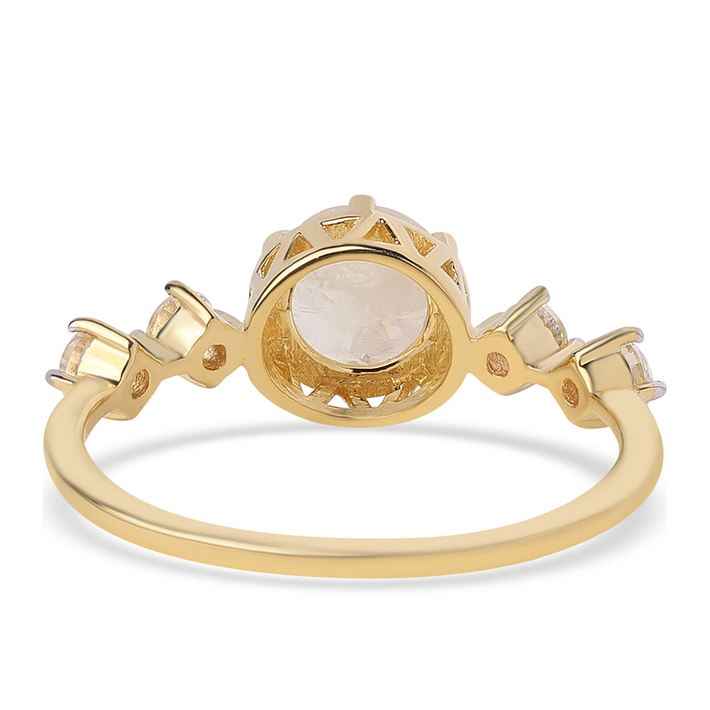 Anel de Prata com Banho de Ouro com Pedra da Lua Arco-íris AA e Topázio Branco 3 