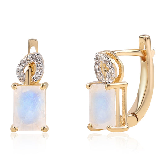 Brincos de Prata com Banho de Ouro com Pedra da Lua Arco-íris AA e Topázio Branco