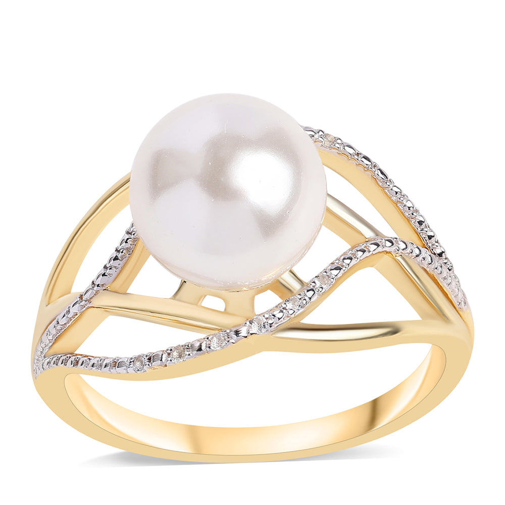 Anel de Prata com Banho de Ouro com Pérola de Água Doce Branca e Topázio Branco  Contraste: Cabeca de Veado (800)