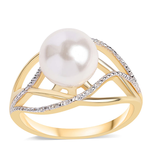 Anel de Prata com Banho de Ouro com Pérola de Água Doce Branca e Topázio Branco  Contraste: Cabeca de Veado (800)