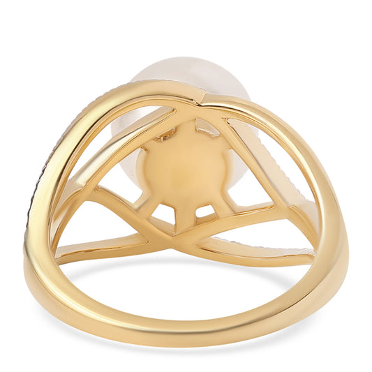 Anel de Prata com Banho de Ouro com Pérola de Água Doce Branca e Topázio Branco  Contraste: Cabeca de Veado (800)