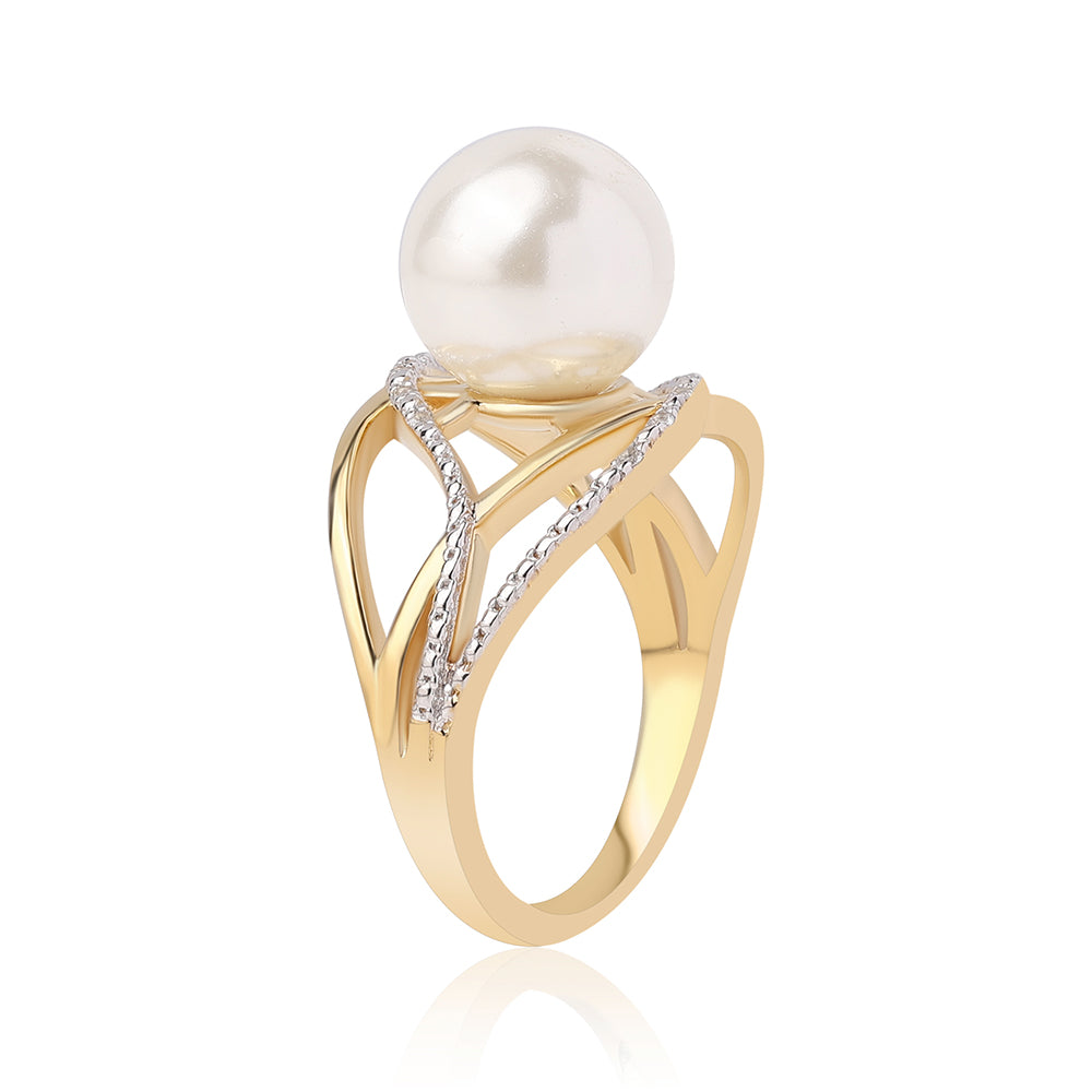 Anel de Prata com Banho de Ouro com Pérola de Água Doce Branca e Topázio Branco  Contraste: Cabeca de Veado (800) 3 