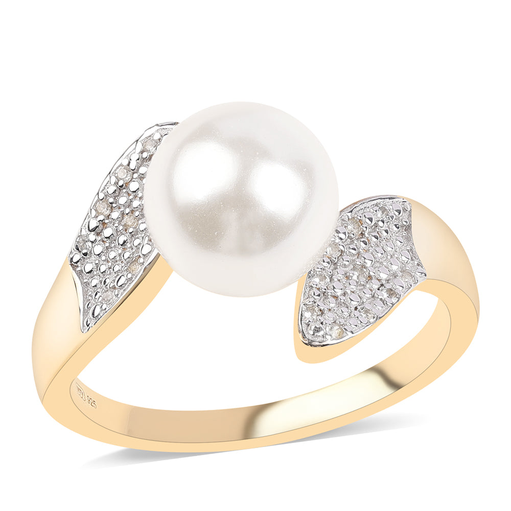 Anel de Prata com Banho de Ouro com Pérola de Água Doce Branca e Topázio Branco  Contraste: Cabeca de Veado (800) 1 